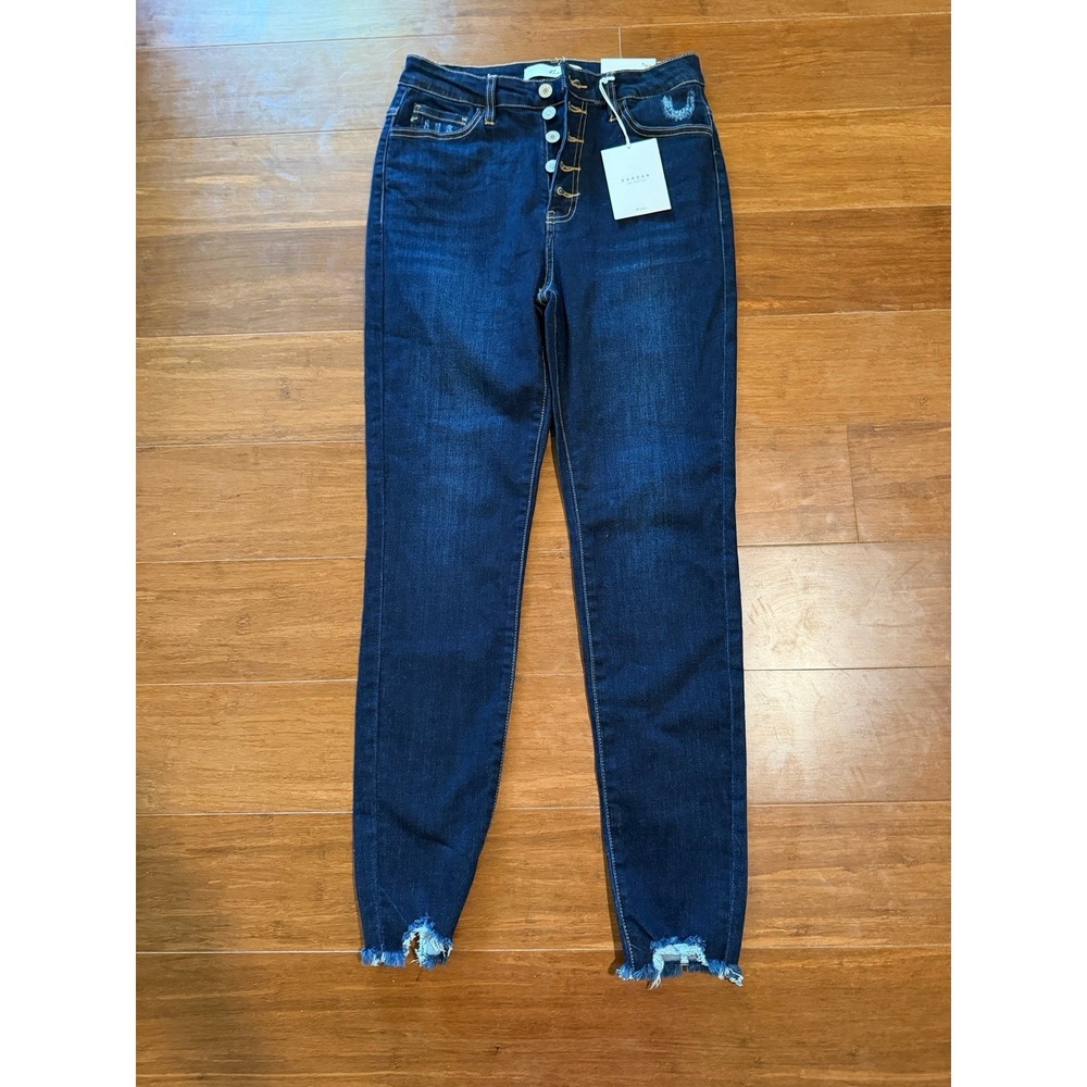 KanCan Jeans Women 9/28 Blue Denim Button Fly Distressed Frayed Dark Stone New